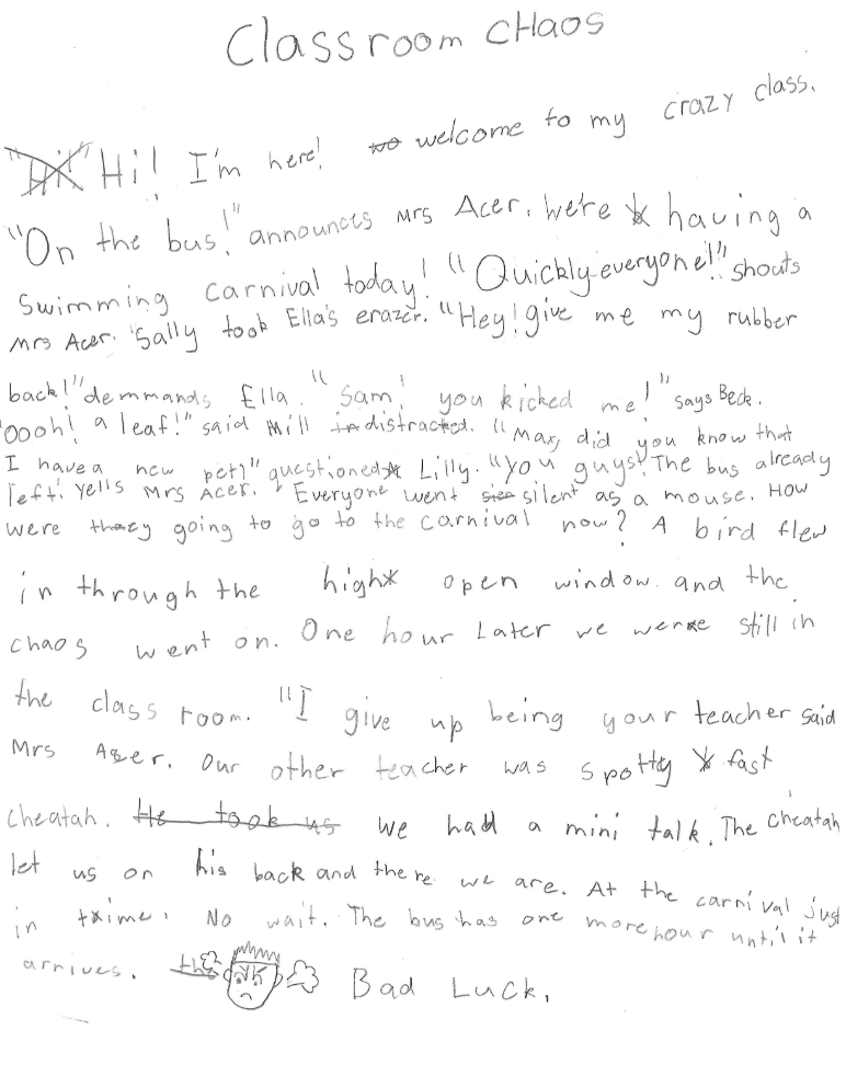 First-day writing sample from a Year 3 student